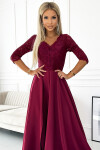 309-9 AMBER elegantní dlouhé maxi šaty s krajkovým výstřihem - Bordeaux XL