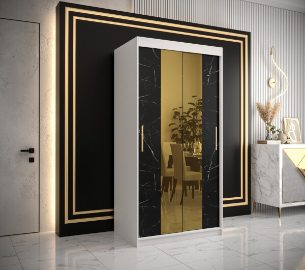 Šatní skříň Abi Golden T1 Barva korpusu: Bílá, Rozměry: 100 cm, Dveře: Černý mramor se zlatým zrcadlem