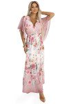 603-4 Vzdušné maxi šaty s obálkovým výstřihem a květinovým vzorem - PINK Roses UNI