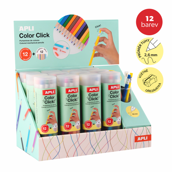 APLI pastelky stiskací - Color Click, 12 ks, displej, s náhradními tuhami a ořezávátkem, mix barev