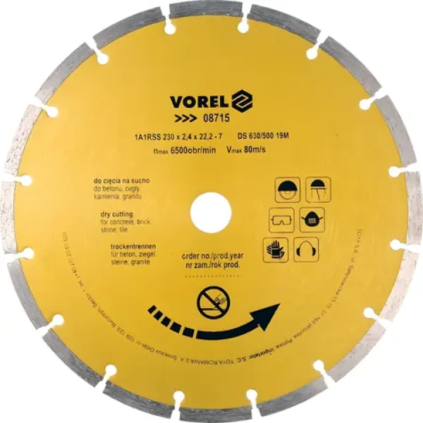 Vorel Kotouč diamantový řezný segmentový 230x22,2 mm / Řezný kotouč / Suché řezání / Max. 6500 ot./min (TO-08715)
