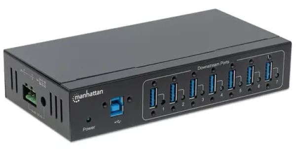Manhattan USB 3.0 Hub 7 portů průmyslový černá / USB hub / kovové tělo / DIN lišta / kabel 1 m (164405)