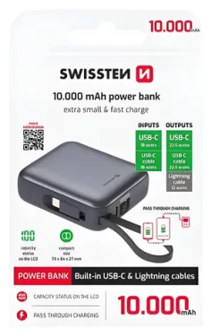 SWISSTEN SPACE 10000mAh stříbrná / Powerbanka s integrovanými kabely / USB-C + Lightning