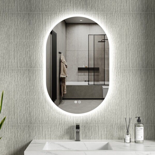 Erga Demi, oválné LED zrcadlo 60x90cm, 3 barvy světla, přední osvětlení, topná podložka proti zapaření, ERG-V01-Demi-6090-CL ERG-V01-DEMI-6090-CL