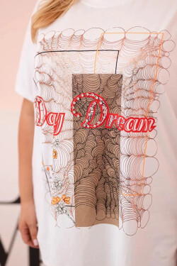 Dámská bavlněná halenka Plus Size s potiskem „Day Dream“ bílá + camel UNI