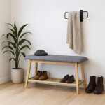 Botník / taburet, police, masiv bambus, přírodní odstín, šedá látka