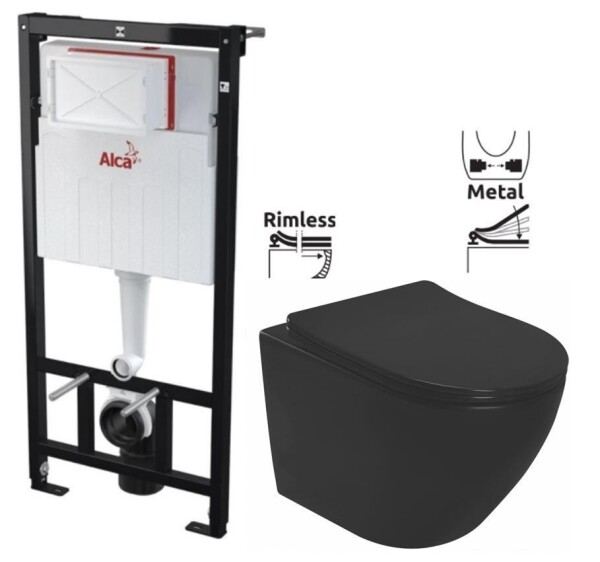 ALCA Předstěnový instalační systém bez tlačítka + WC REA CARLO MINI RIMLESS ČIERNY MAT + SEDADLO AM101/1120 X MM1
