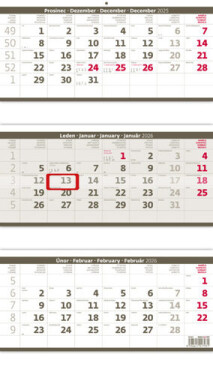 Kalendář nástěnný 2026 - Tříměsíční skládaný šedý