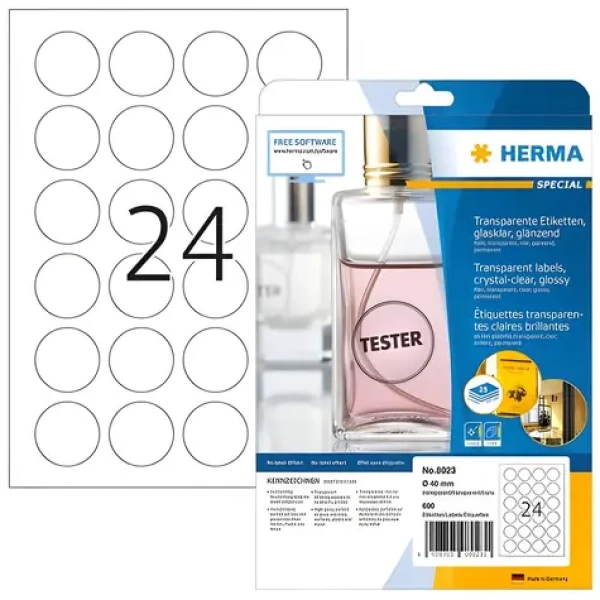 Herma Etikety kulaté transparentní O 40 mm / Etikety / A4 / lesklé / laser / permanentní / 600 ks (8023)