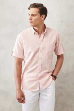 AC&Co Altınyıldız Classics Men's Pink Comfort Fit Relaxed Cut Buttoned Collar Linen Look 100% Cotton Short Sleeve Shirt