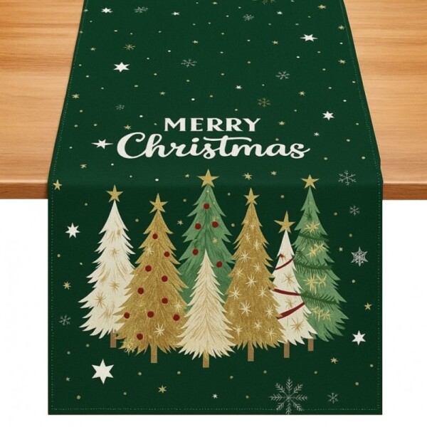 DumDekorace Vánoční lněný běhoun s potiskem - 180 x 33 cm zelený stromeček