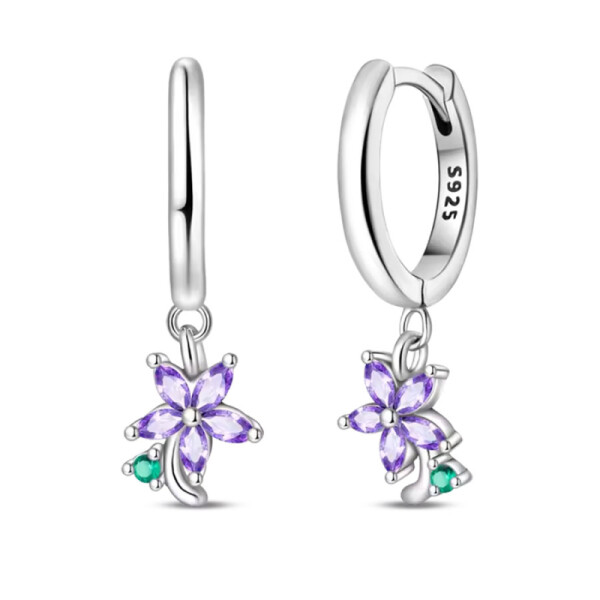 Stříbrné náušnice s fialovými květy Simone - stříbro 925/1000, Fialová