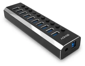 Lindy 10 Port USB 3.0 Hub černá / Rozbočovač / vypínače portů / napájecí adaptér 12V/3A (43370)