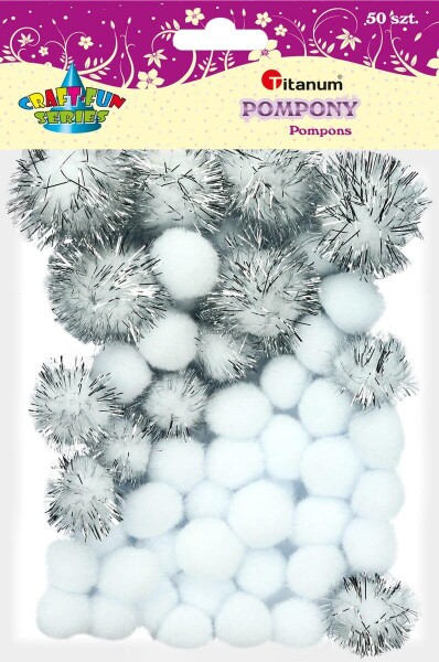 Bambulky pompom Titanum mix, bílé stříbrné 50 ks