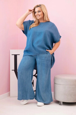 Dámská souprava Plus Size z tencelu halenka a kalhoty s vázáním džínový UNI