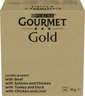 Purina GOURMET GOLD v omáčce 96x85 g / Konzervy pro kočky / 4 příchutě (7613038543154)
