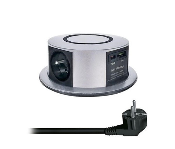Solight 3z + USB A+C 20W PD, Wireless 10W, výsuvný blok zásuvek, 2m, stříbrný