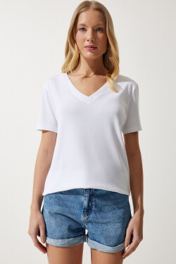 Happiness İstanbul Women's White Neck Modal Knitted T-Shirt