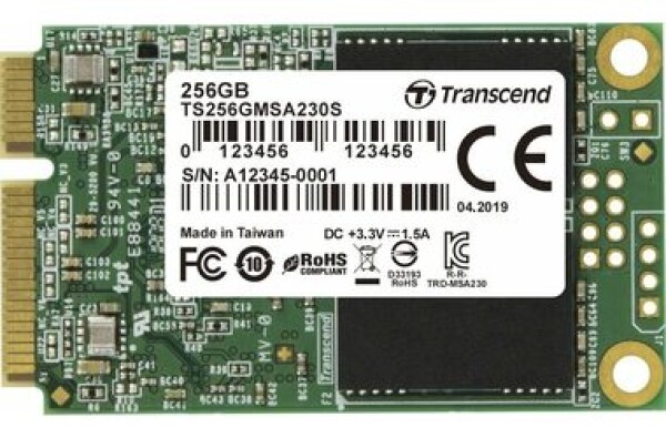 Transcend MSA230S 256GB / mSATA / RW: 530/400 MBps / IOPS: 45K/70K / MTBF 1.0mh / 3y (TS256GMSA230S)