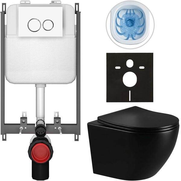 CERANO - Kompletní WC set Basic/Cesso - černá lesklá - WC tlačítko Dualo/Bílá - pro zazdění - 49x36 CER-8050BD86286