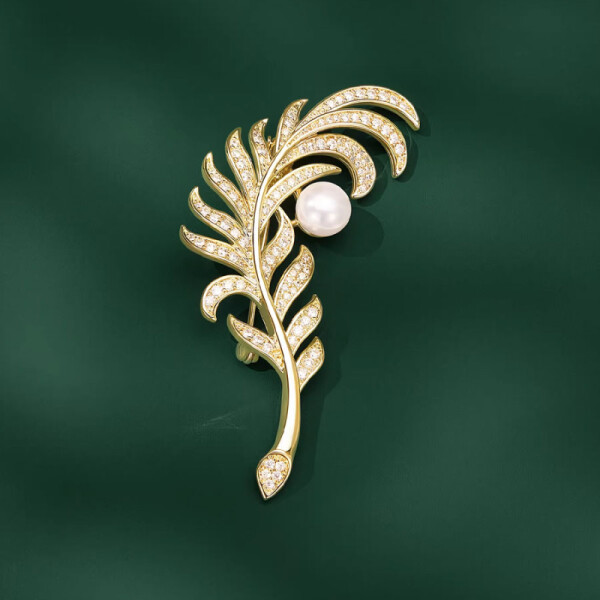 Luxusní brož Zlaté pírko s perlou a třpytivými zirkony, Zlatá