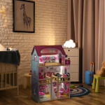 Dřevěný domeček pro panenky s LED osvětlením a nábytkem