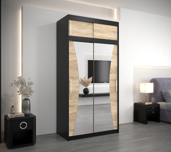 Šatní skříň Abi Mo s nástavcem Barva korpusu: Černá, Rozměry: 120 cm, Dveře: Dub sonoma