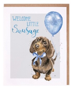 Přání k narození dítěte Wrendale Designs Little Sausage - Jezevčík v modré