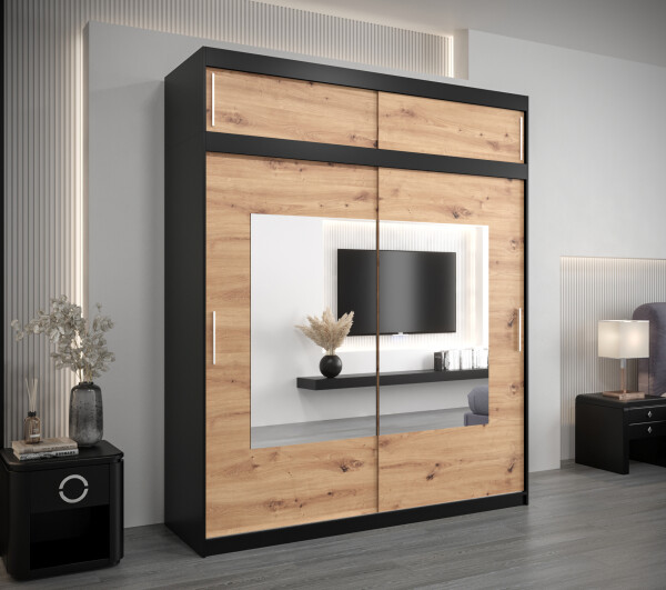 Šatní skříň Abi To s nástavcem Barva korpusu: Černá, Rozměry: 200 cm, Dveře: Dub artisan