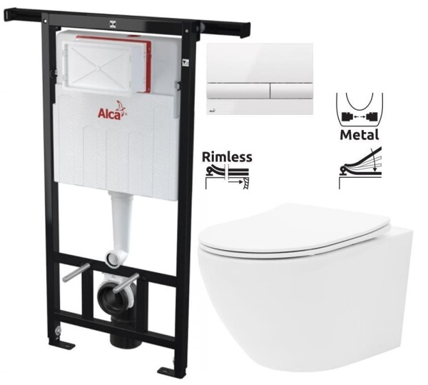 ALCA Předstěnový instalační systém s bílým tlačítkem M1710 + WC REA Carlo Flat Mini Rimless + SEDÁTKO AM102/1120 M1710 CF1