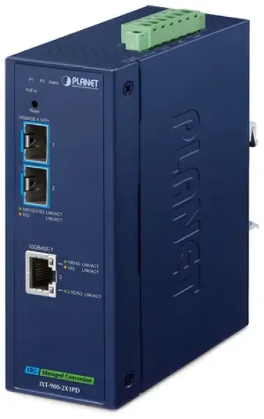 PLANET IXT-900-2X1PD / Průmyslový konvertor / 10GBase-T PoE PD / 2x SFP+ 10GBase-X / IP40 / -40~75°C / SNMP (IXT-900-2X1PD)