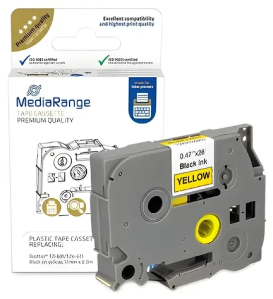 MediaRange TZ-631/TZe-631 žlutá / Páska do štítkovače / 12 mm / 8 m / laminovaná / permanentní (MRBTZ631)