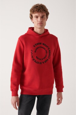 Avva Men's Red Hooded 3-Thread Fleece Printed Regular Fit Sweatshirt
