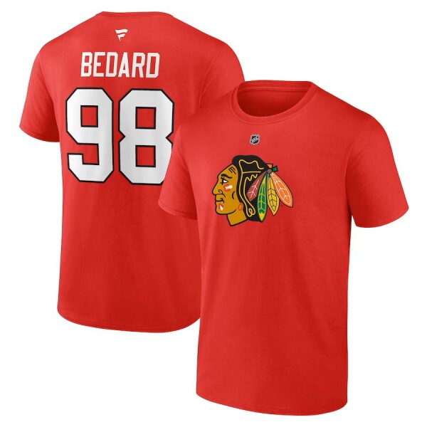 Fanatics Pánské tričko Connor Bedard #98 Chicago Blackhawks Draft 2023 Stack Logo Name Number Red Velikost: