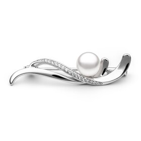 Stříbrná brož s řiční perlou a zirkony Alice, stříbro 925/1000, Bílá