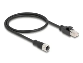 DeLock M12 4pin D-kód (F) - RJ45 (M) / Průmyslový síťový kabel / 50 cm / -25 až 80 °C (60072)