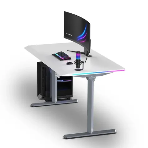 ULTRADESK QUEST šedá-bílá / Herní stůl / 140 × 70 cm / elektricky nastavitelná výška 72–120 cm / LED RGB (UD-QST-FRGY/DTWT)