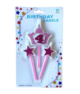 Dortisimo Svíčky koruna růžová s číslem 4 a hvězdičky růžové