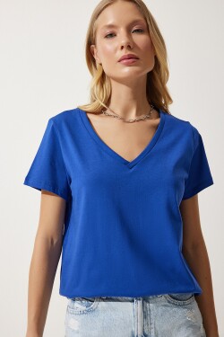 Happiness İstanbul Women's Blue Neck Basic Knitted T-Shirt