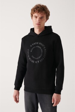 Avva Men's Black Hooded Thread Inner Fleece Printed Regular Fit Sweatshirt