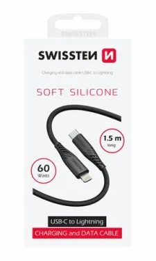 SWISSTEN SOFT SILICONE datový kabel Lightning 1.5m černá / 60W / 3A / 1x USB-C(M) / 1x Lightning(M) (71534010)