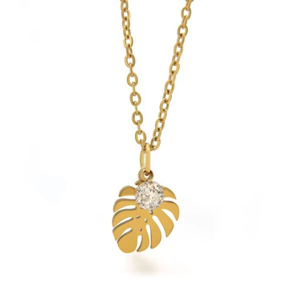 Náhrdelník se zirkonem Monstera Leaf Gold - chirurgická ocel, Zlatá 45 cm + 5 cm (prodloužení)