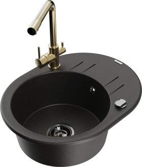 MEXEN/S - Kevin granitový dřez s odkapávačem včetně baterie Duero, černá/zlatá metalik 6517-75-671600-50-B