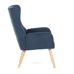 Křeslo, potah modrá manšestrová látka, dřevěné nohy, masiv kaučukovník