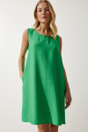 Happiness İstanbul Women's Dark Green Sleeveless Linen Viscose A-Line Dress