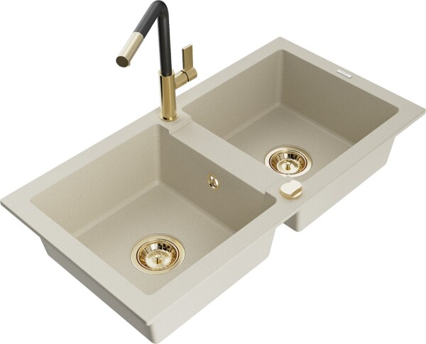 MEXEN/S - Mario granitový dřez 2-bowl včetně baterie Flora, béžová 6504-69-670401-57-G