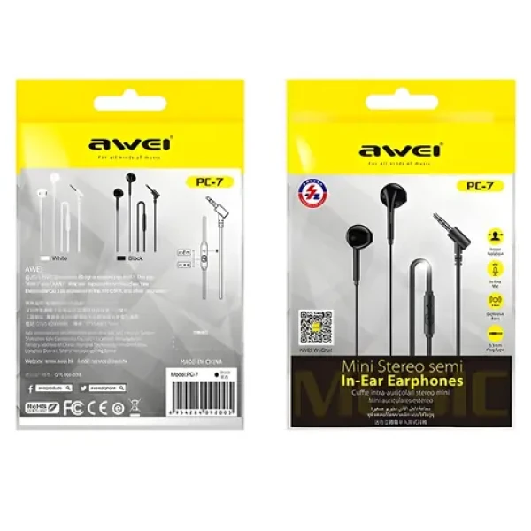 AWEI PC-7 černá / Sluchátka do uší / 3.5 mm jack / mikrofon / dálkové ovládání (PC-7)
