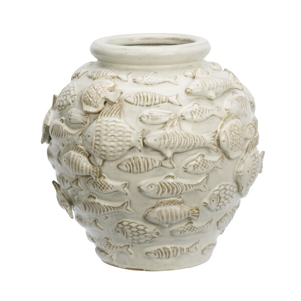 MADAM STOLTZ Kameninová váza Fishes Off White 27 cm, krémová barva, keramika