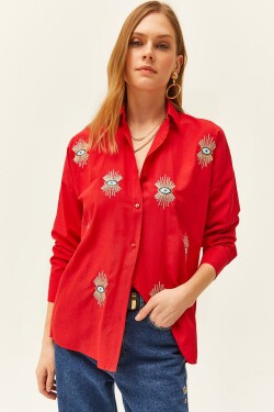 Olalook Women's Red Sequin Detailed Woven Boyfriend Shirt