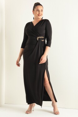 Lafaba Dámské černé dvouřadé krky s fain rukávem plus velikost dlouhé večerní šaty